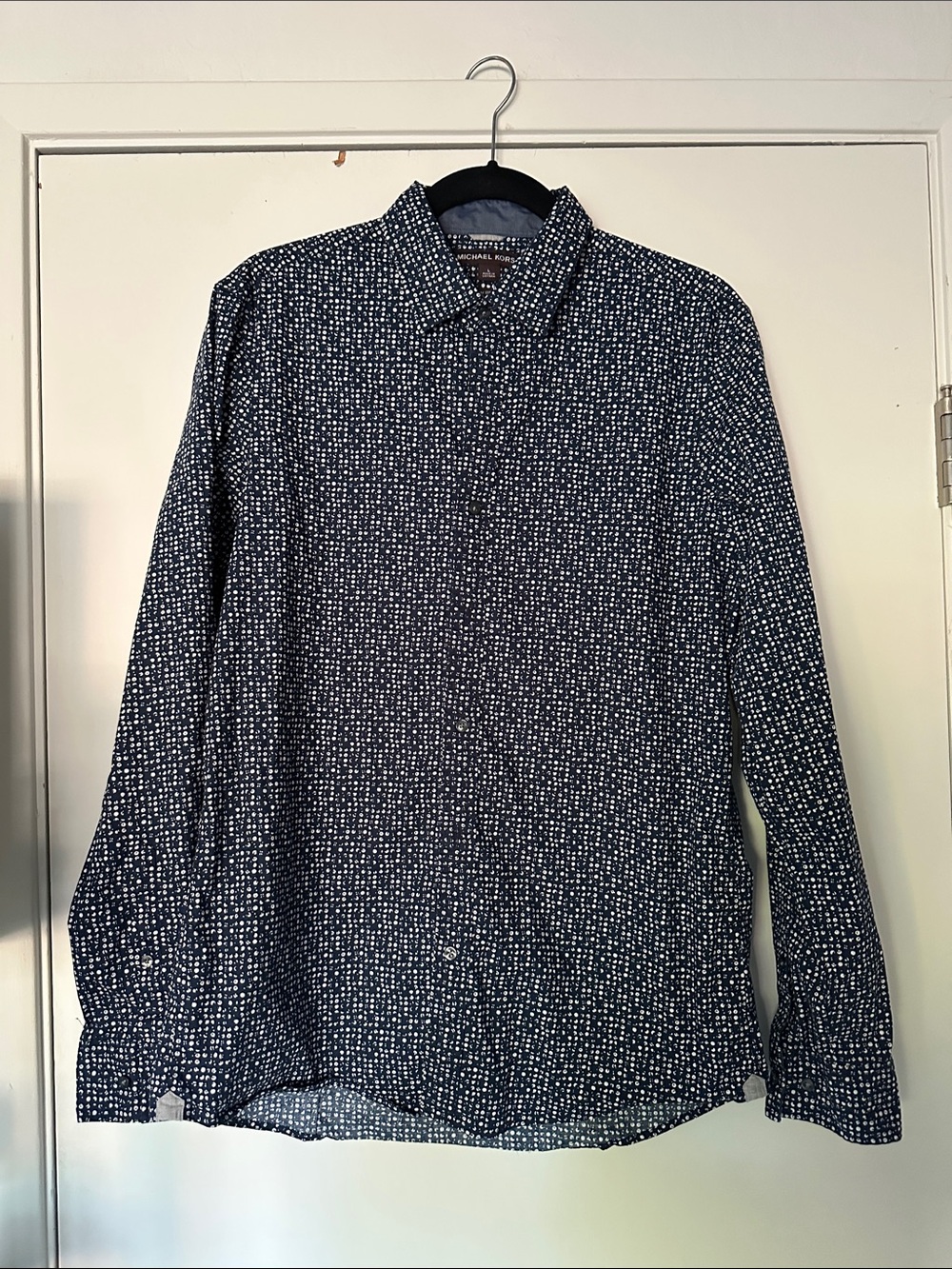 Michael Kors Men’s Navy Shirt with White Micro Dot Pattern